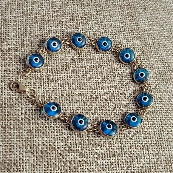 14kt Yellow Gold Blue Evil Eye Bracelet 7-1/4 Long